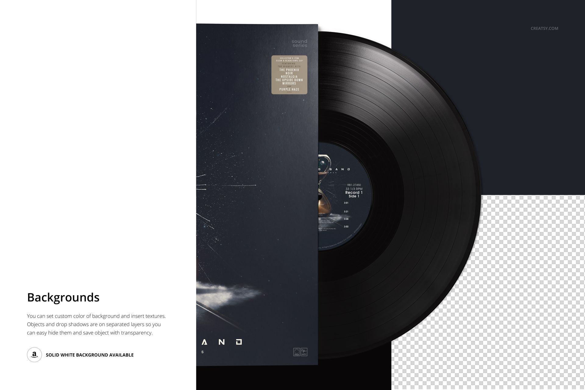 Black vinyl record and album cover mockup shown from above, with split backgrounds in white, black, and transparency.