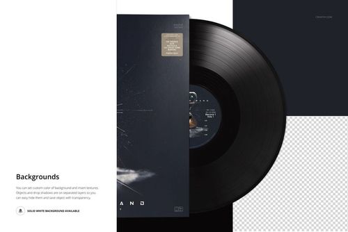 Black vinyl record and album cover mockup shown from above, with split backgrounds in white, black, and transparency.