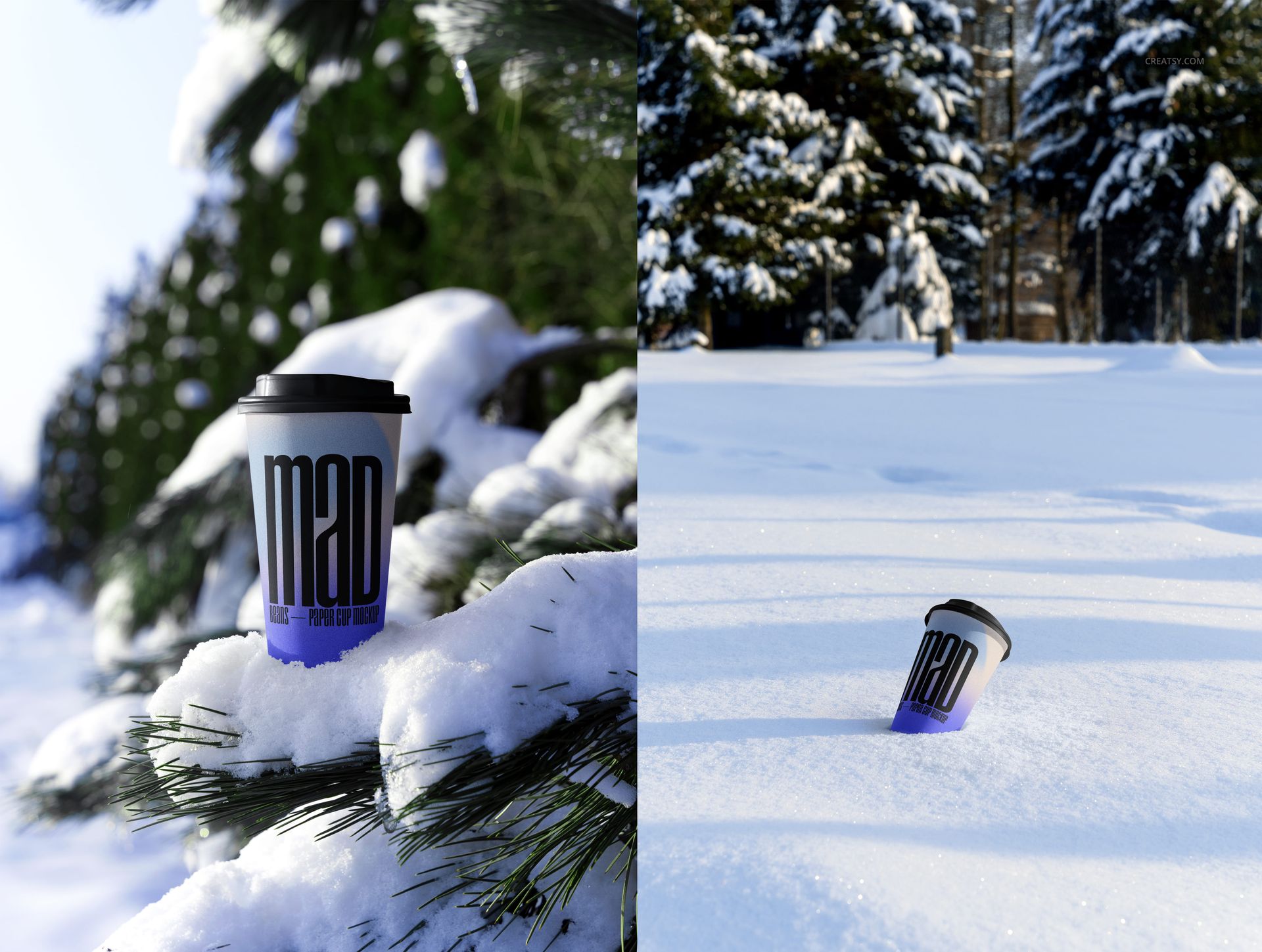 Winter-themed paper cup mockup featuring a black lid and graphic text, shown on snow-covered pine and in snowy landscape.