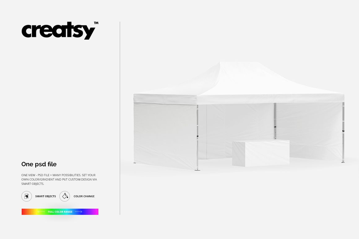 PSD mockup featuring a 13x20 pop up tent in white, displayed with a simple table and minimalistic scene.