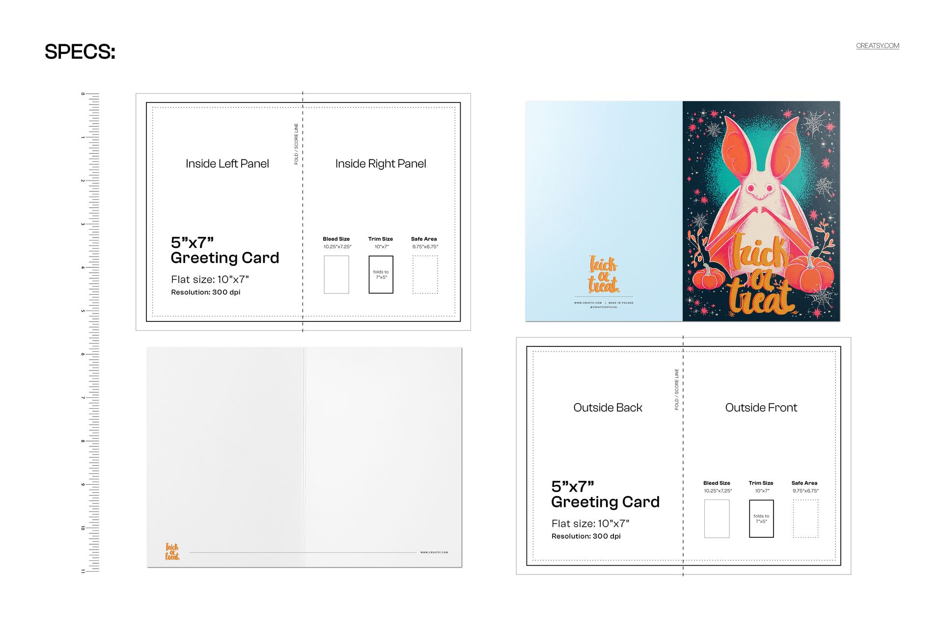 Front and back view of a 5x7 greeting card mockup with a vintage Halloween design and illustrated rabbit.