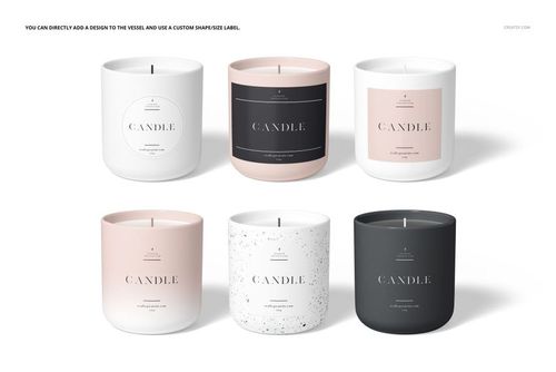 Nordic style candle mockup set featuring five cylindrical candles in various colors and label designs, front view on white background.
