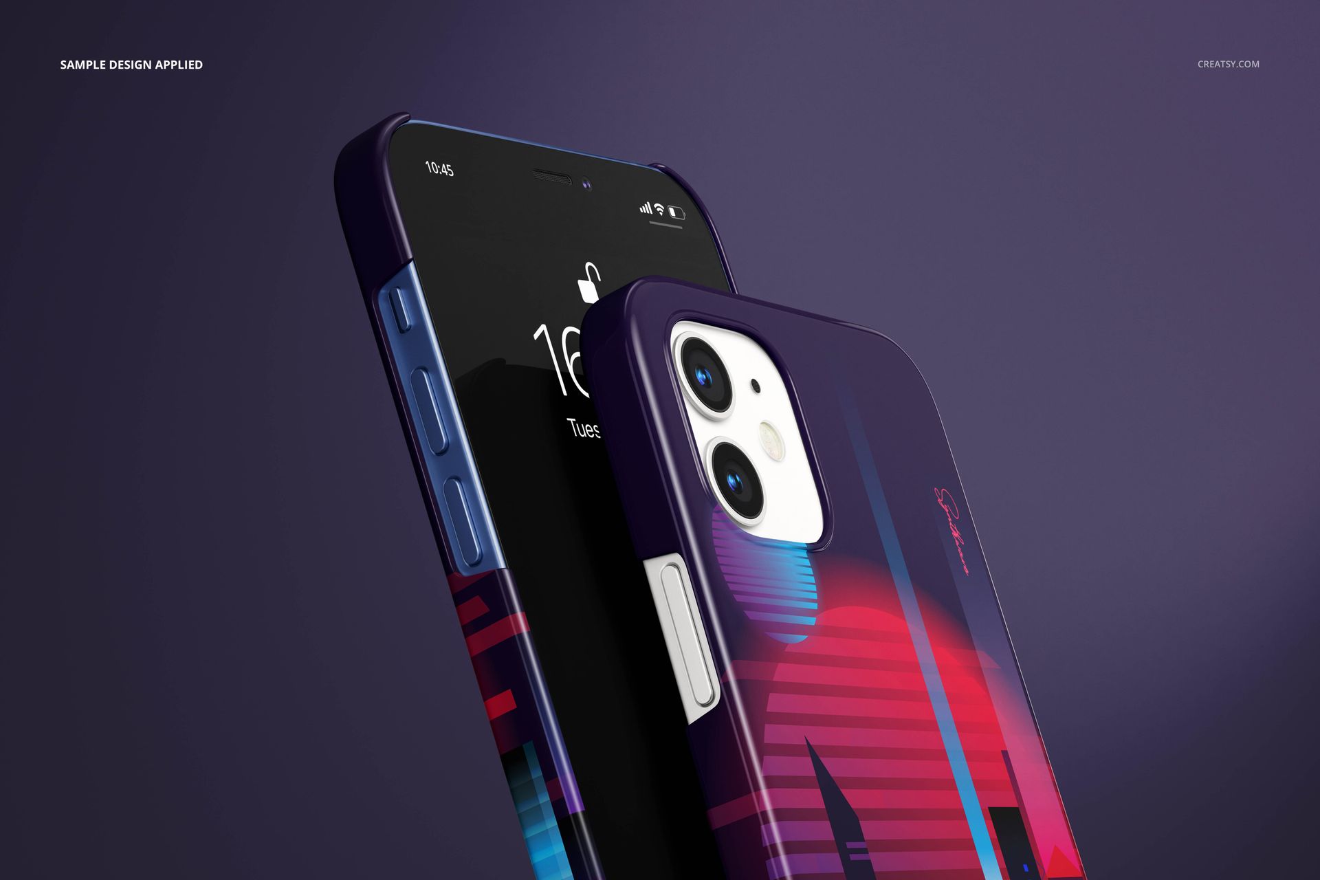 PSD mockup displaying iPhone 12 with glossy protective cases in bold gradient colors, highlighting the camera and buttons.