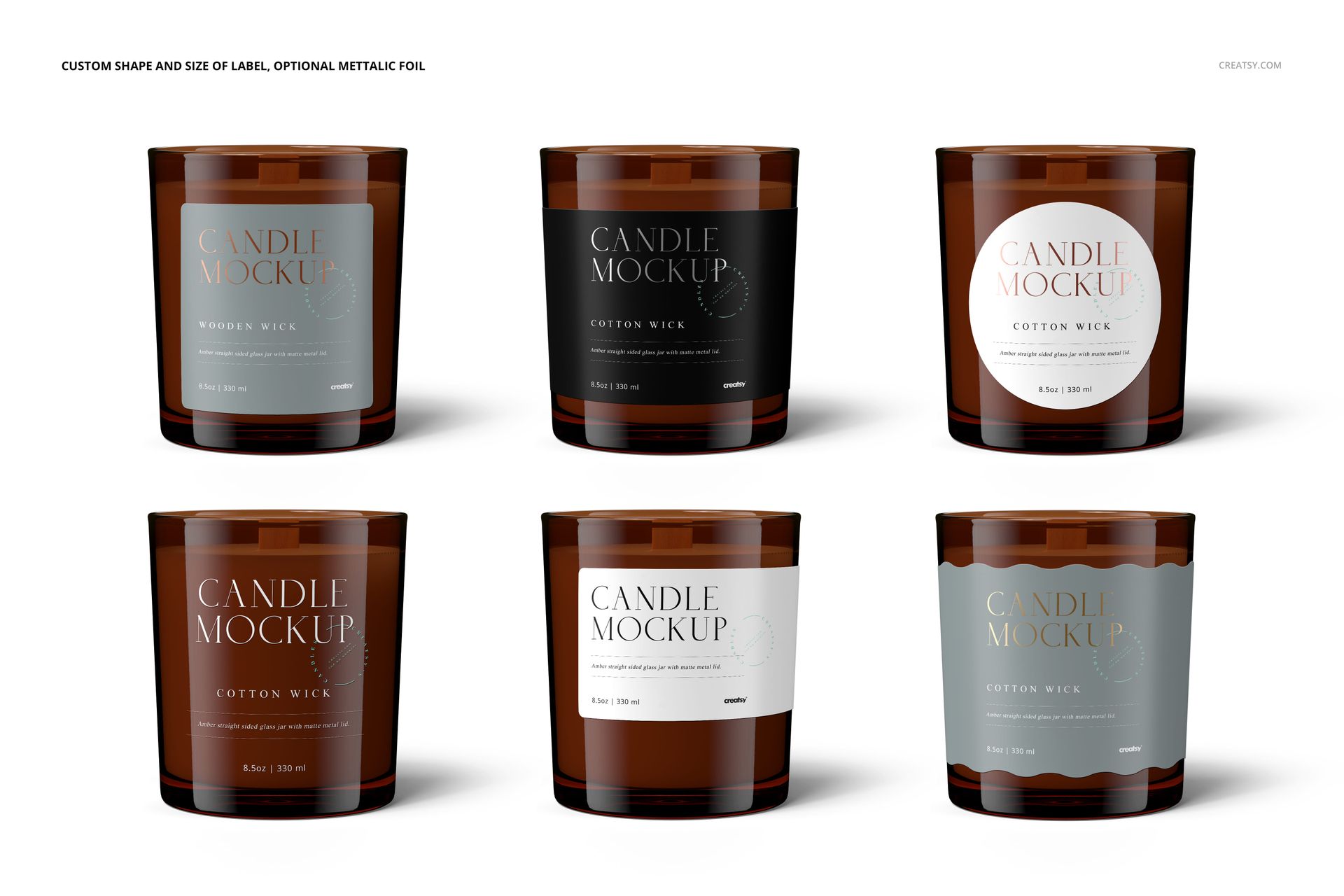 Six amber glass candles with matte lids are arranged in two rows, each displaying a unique label mockup design.