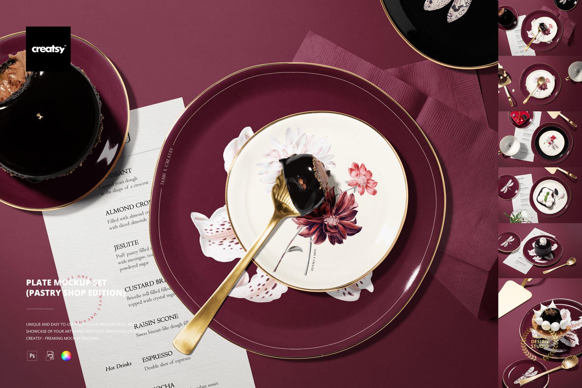 Top view of a plate mockup set with burgundy and white plates, floral design, gold cutlery, and pastry on a burgundy surface.