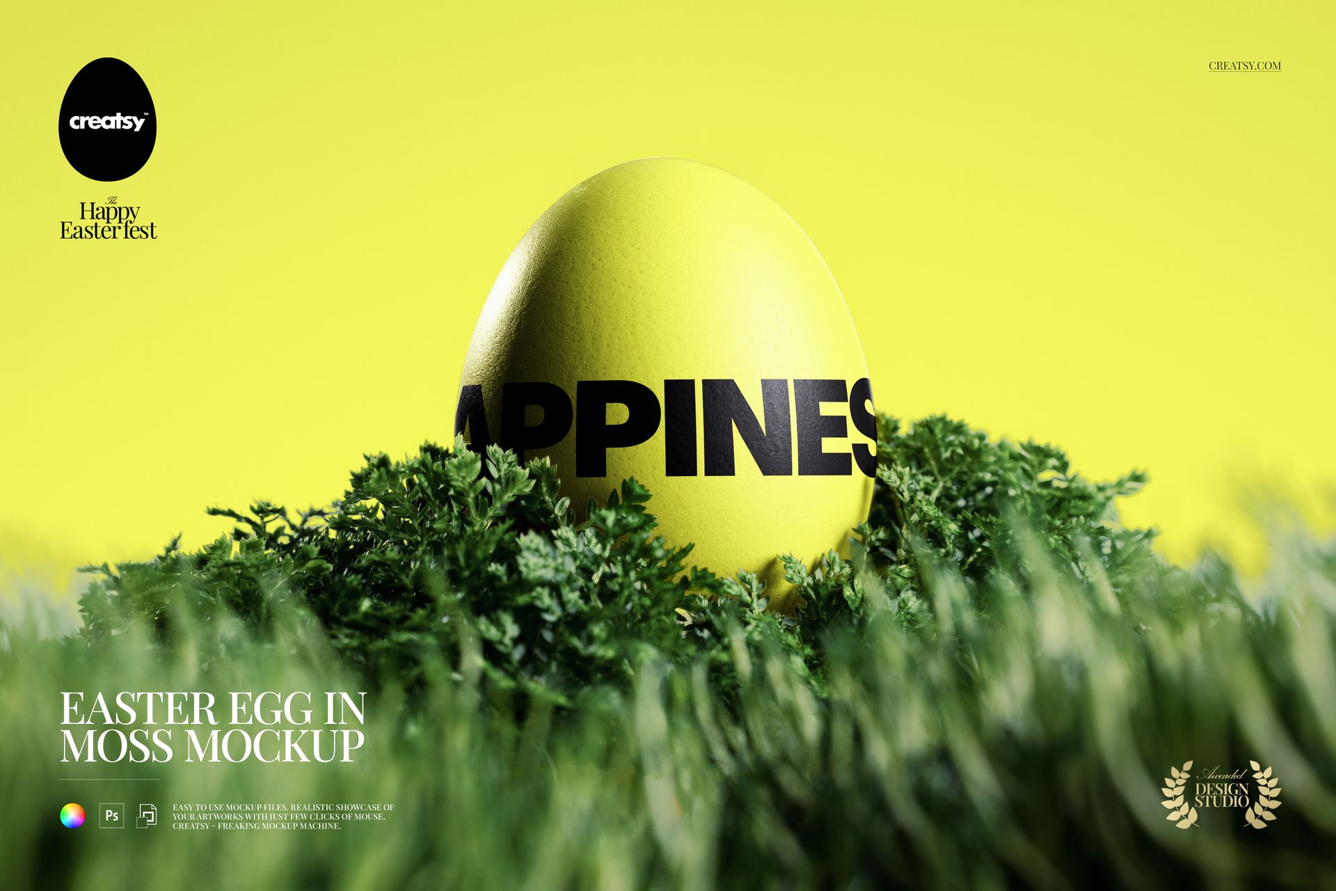 PSD mockup featuring a yellow Easter egg with black text surrounded by lush green moss, viewed from the front.