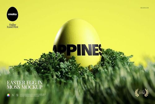 PSD mockup featuring a yellow Easter egg with black text surrounded by lush green moss, viewed from the front.