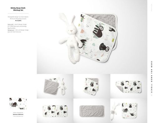 Kids mockup bundle featuring a plush bunny toy and burp cloths with forest animal patterns, shown from various angles.