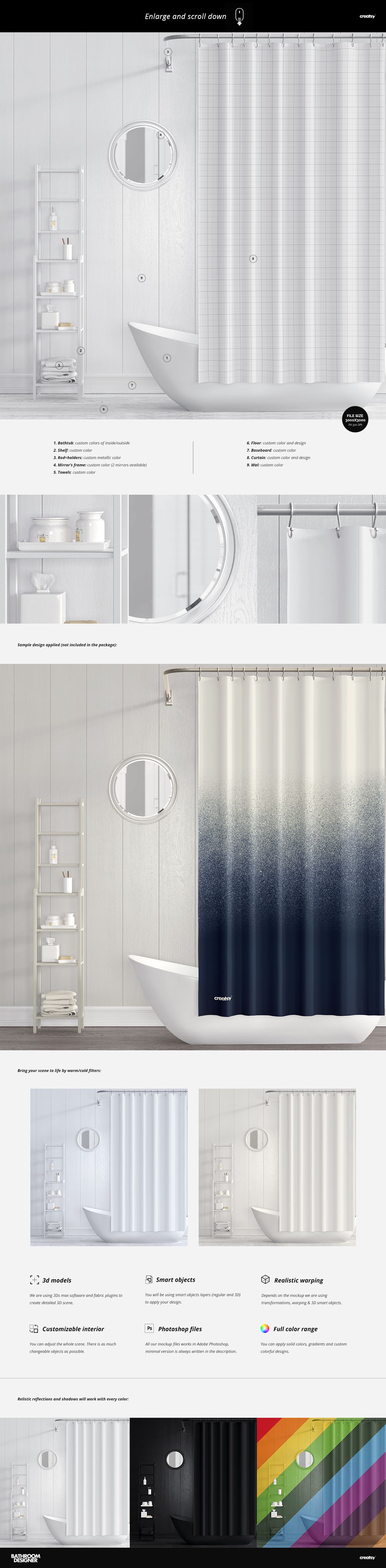 Modern bathroom mockup featuring a white tub, circular mirror, metal rack, and gradient shower curtain, straight-on angle.