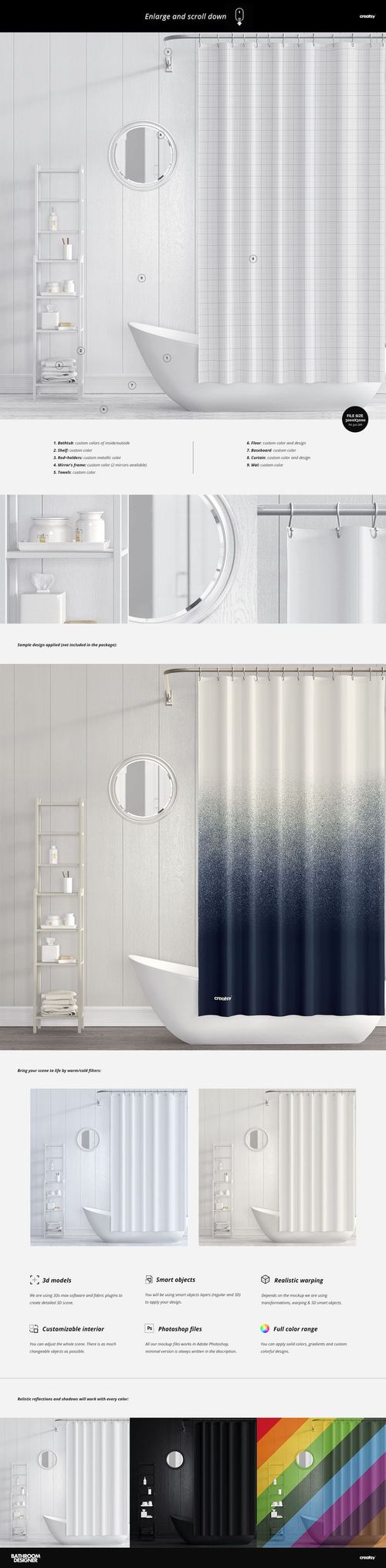 Modern bathroom mockup featuring a white tub, circular mirror, metal rack, and gradient shower curtain, straight-on angle.
