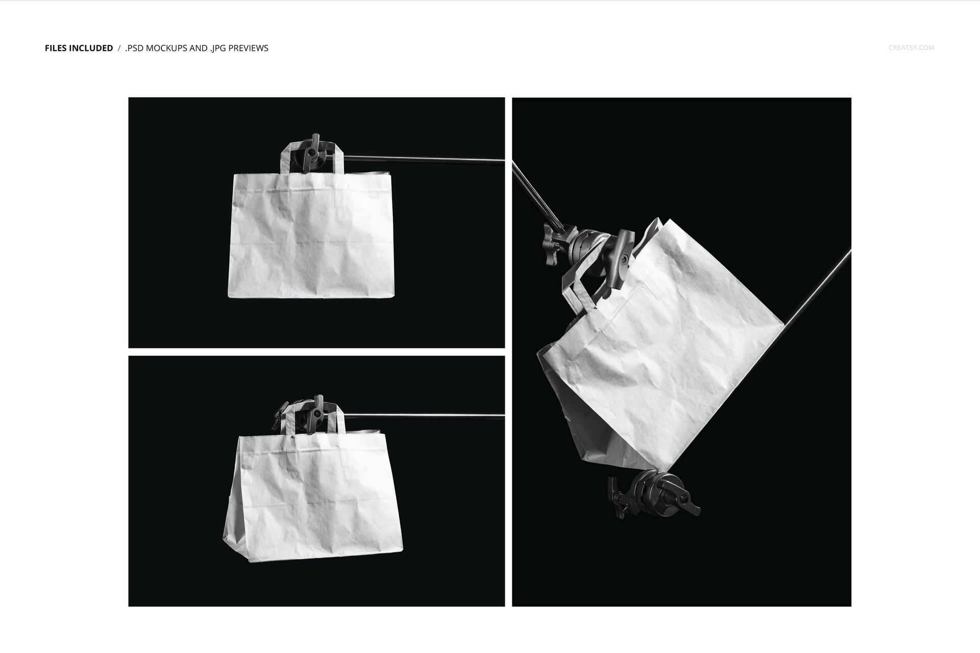 Flat handles paper bag mockup set featuring three views on a black background, showing white bag texture and shape.