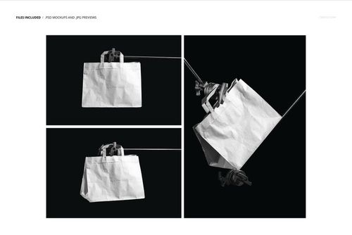 Flat handles paper bag mockup set featuring three views on a black background, showing white bag texture and shape.