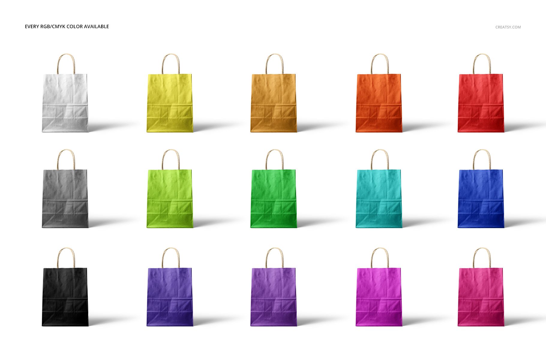 PSD mockup showing multiple metallic kraft paper shopping bags in assorted colors, neatly organized on a plain white surface.