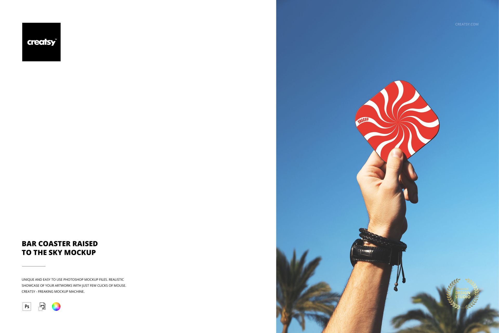 PSD mockup of a square drink coaster featuring a bold swirl design, held up high under a sunny sky with palm trees.