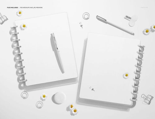 Spiral planner mockup showing front and back views of two white notebooks with pens and daisies on a light surface.
