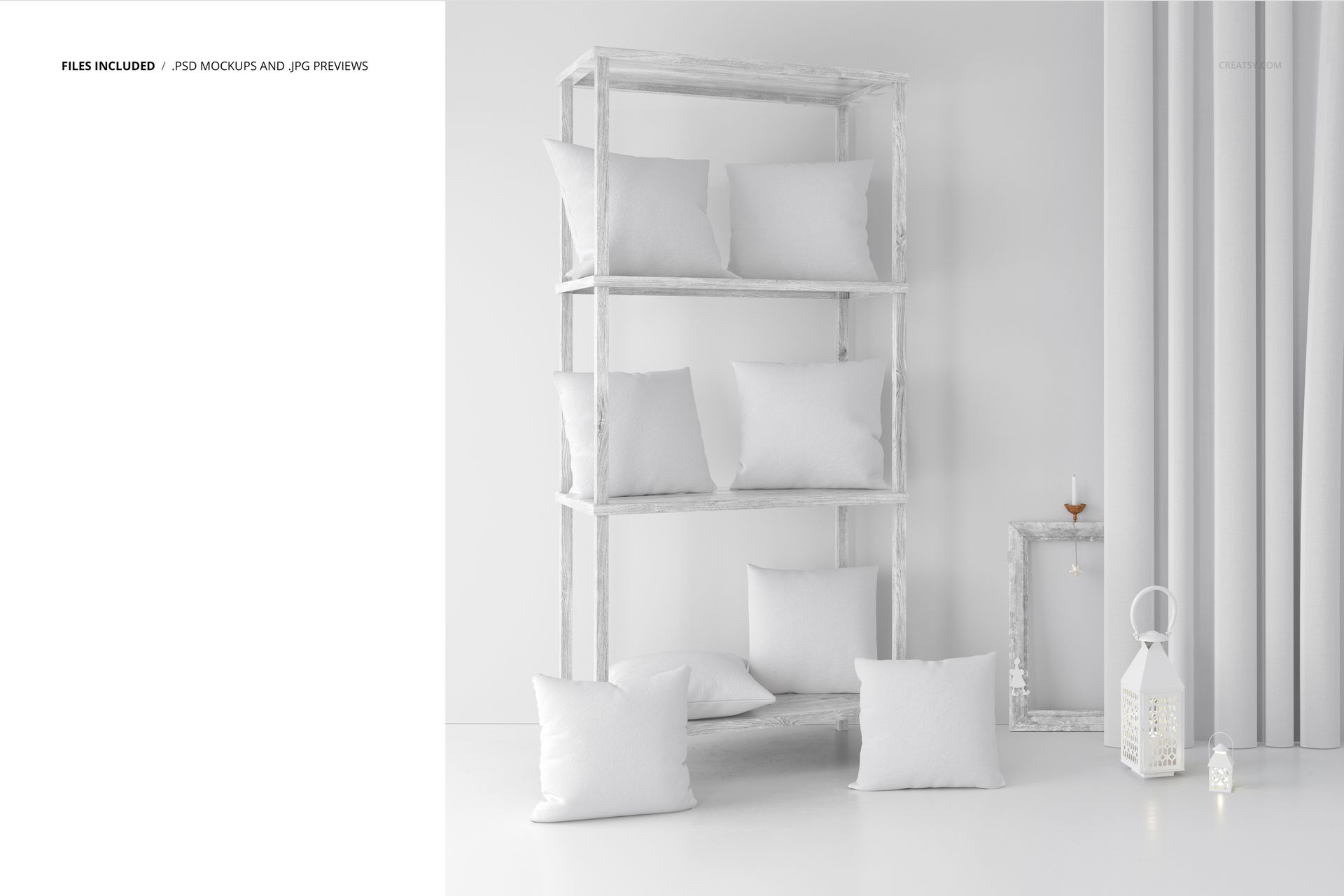 Boho interior PSD mockup featuring multiple white pillows on shelves, next to a lantern and candle in a serene room.