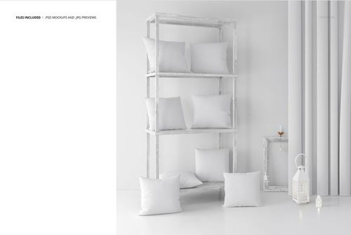Boho interior PSD mockup featuring multiple white pillows on shelves, next to a lantern and candle in a serene room.