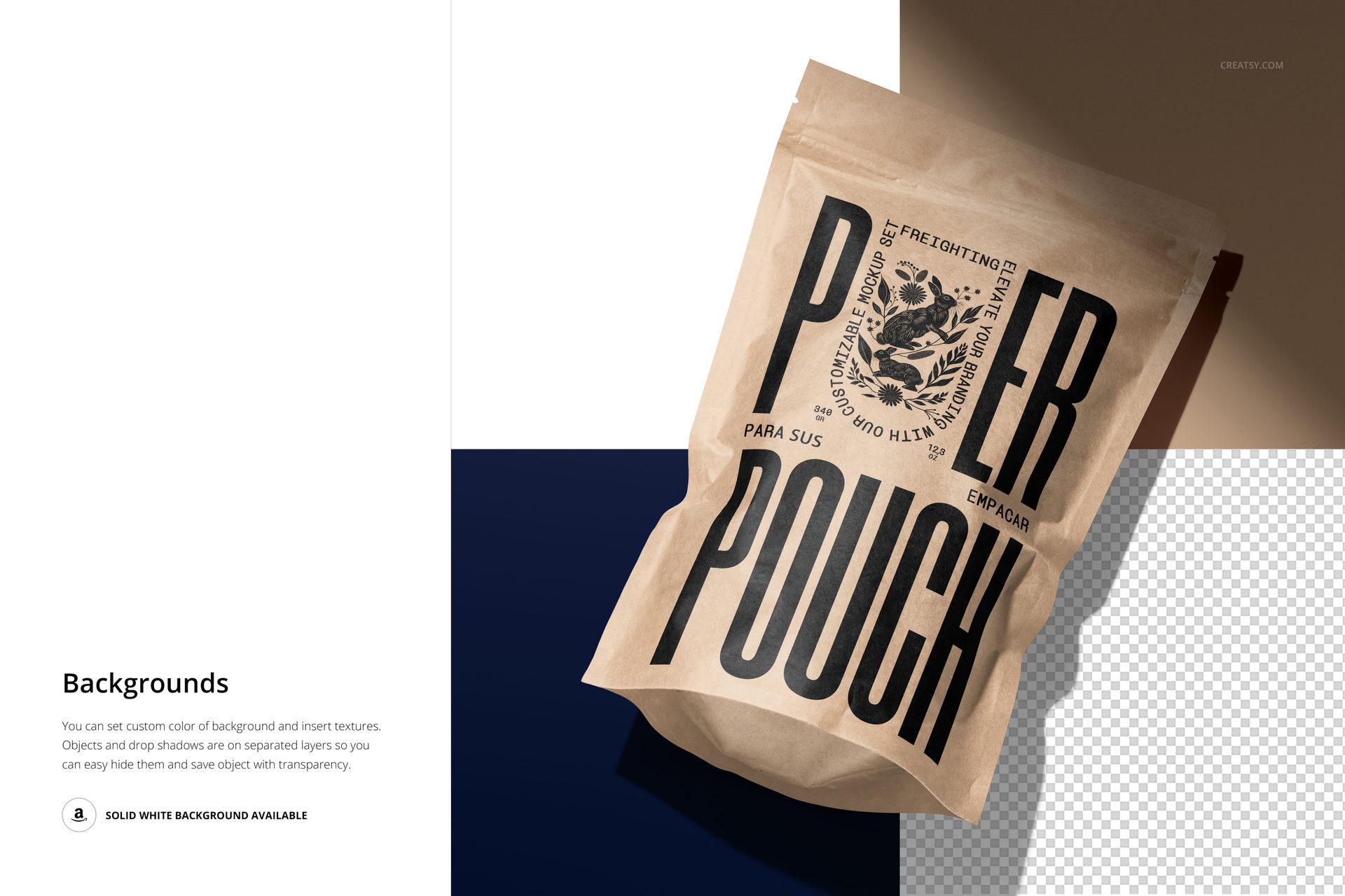 Stand up paper pouch mockup shown from the front, featuring large black lettering and a central graphic element.