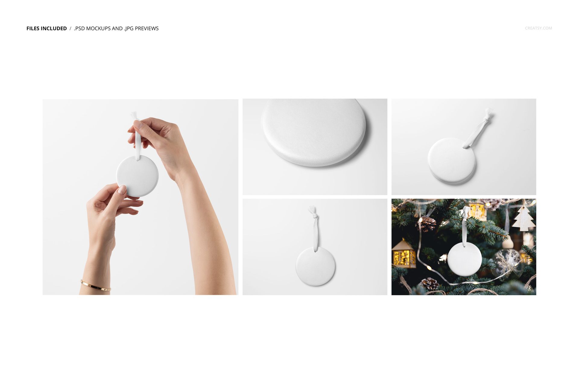 Round handmade ornament mockup set featuring a plain white ornament with velvet ribbon, shown in various scenes and angles.