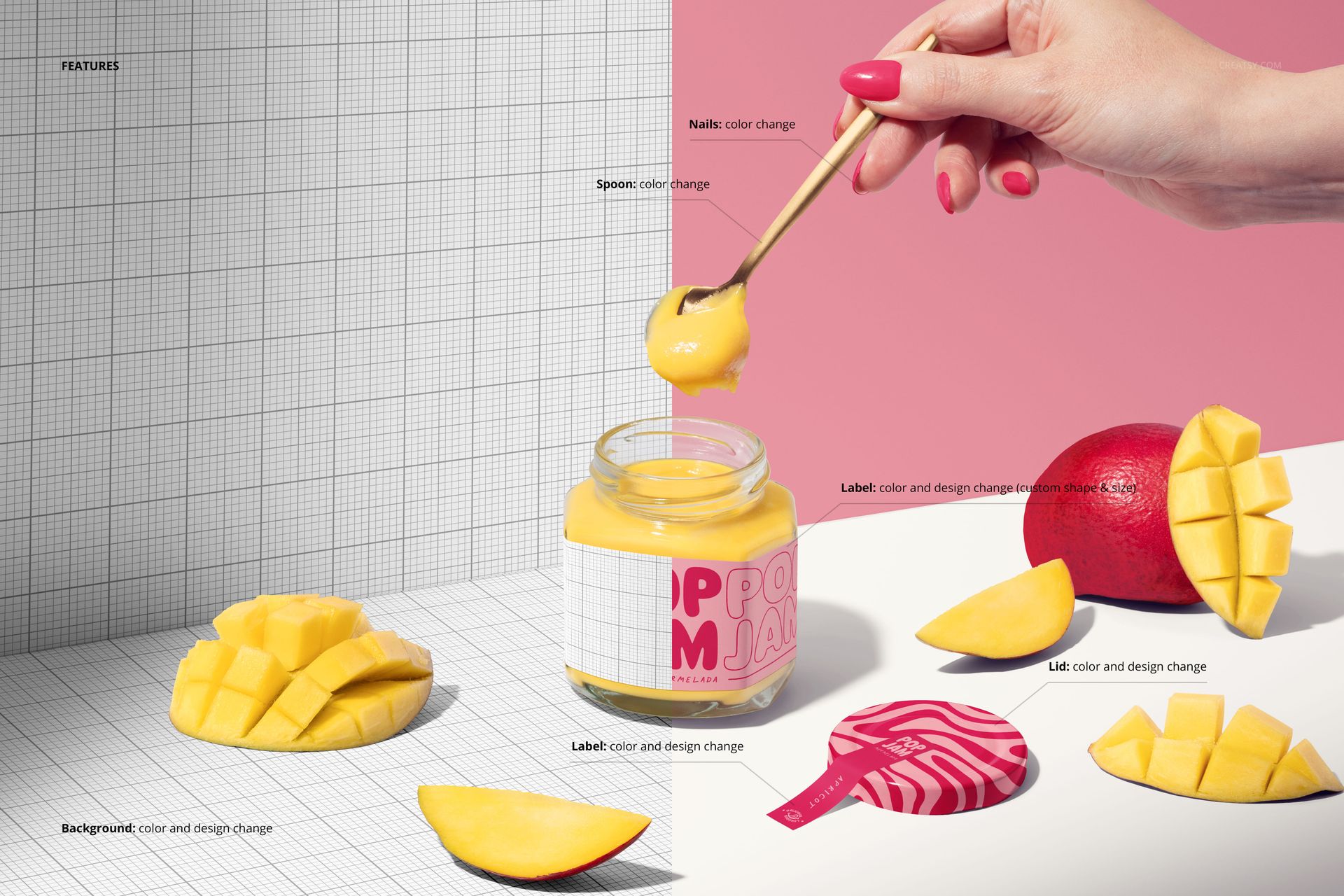 Front view of a mango jam jar mockup with a customizable label, surrounded by sliced mango pieces and a hand holding a spoon.