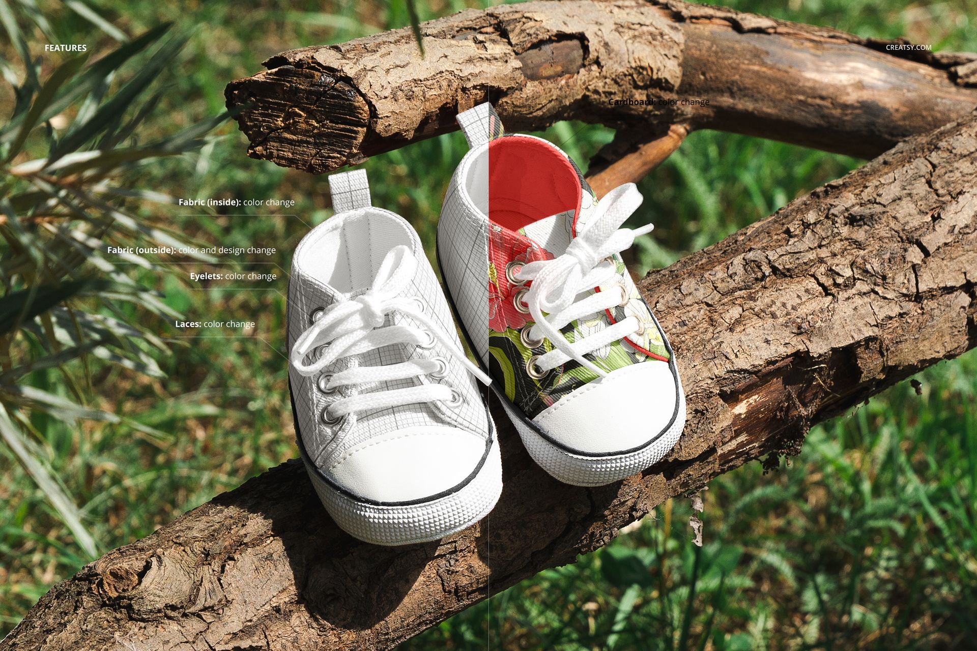 Baby sneakers mockup featuring two shoes on wood outdoors, one white and one with red and green patterned design.