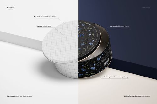 Round cookie tin mockup with editable sections, shown in split view with grid and floral patterns on a neutral surface.