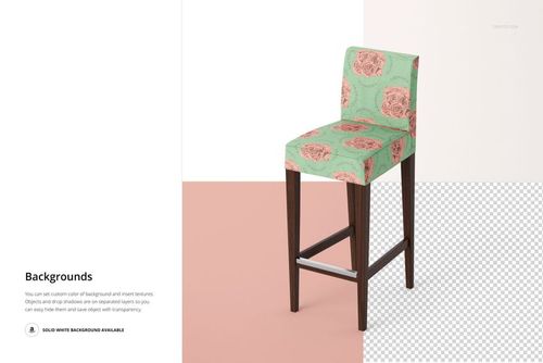 Front view of a wooden bar stool featuring a green seat cover with pink floral design, displayed on a mockup.