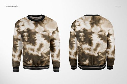 Brown and beige tie-dye sweatshirt mockup shown from the front and back against a neutral backdrop.