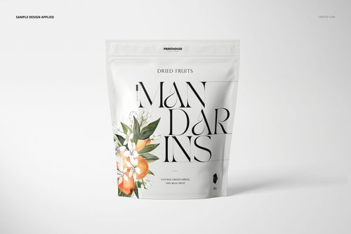 Front view of a stand up zip lock pouch mockup displaying a botanical and mandarin fruit illustration on white.
