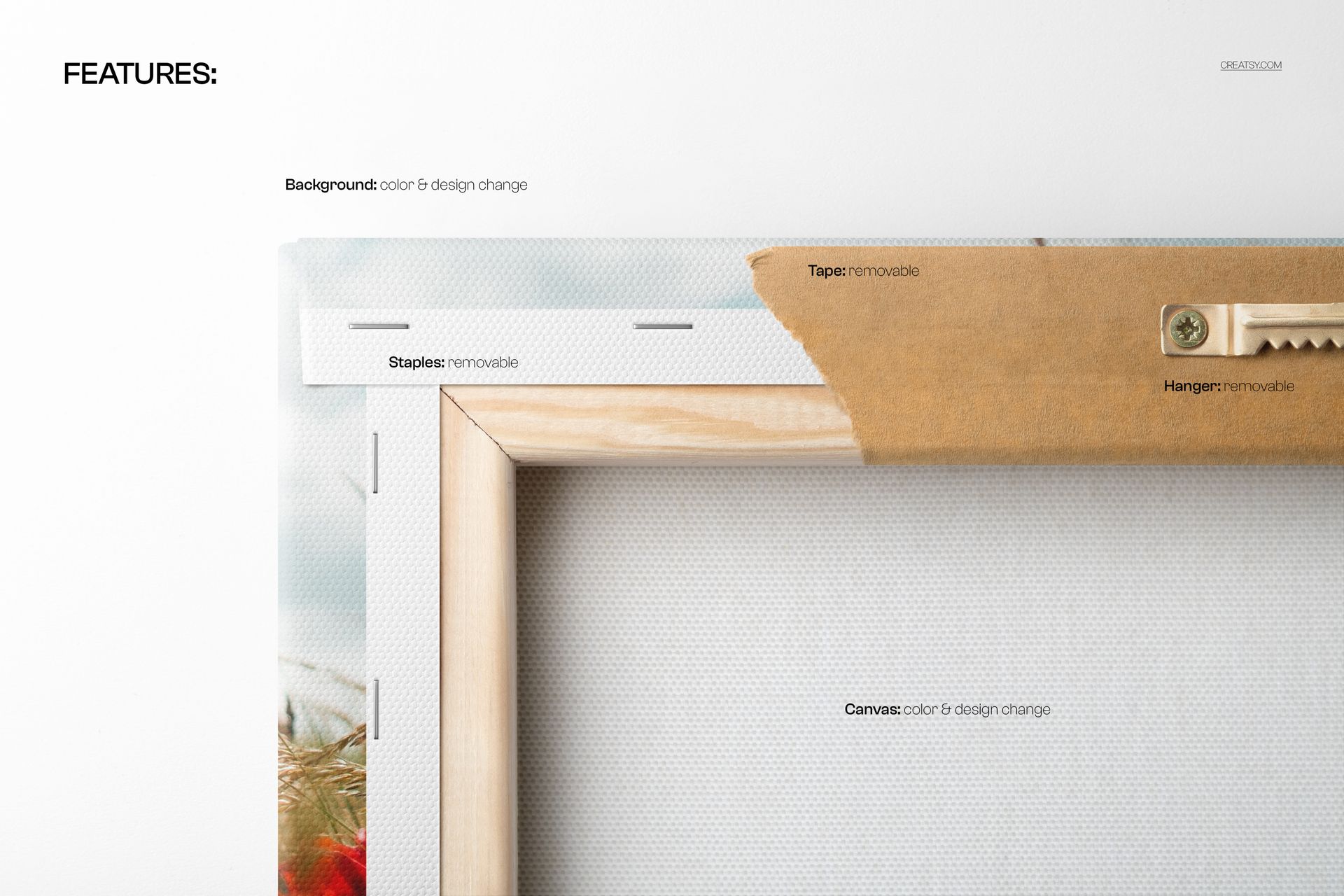 Gallery wrap canvas mockup showing the back side with removable staples, hanger, and frame, viewed from above.