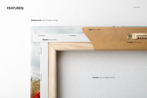 Gallery wrap canvas mockup showing the back side with removable staples, hanger, and frame, viewed from above.