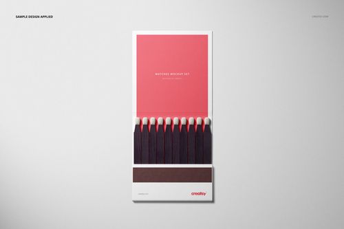 Open matchbook mockup with a row of dark matches and white tips, viewed from above on a light background.