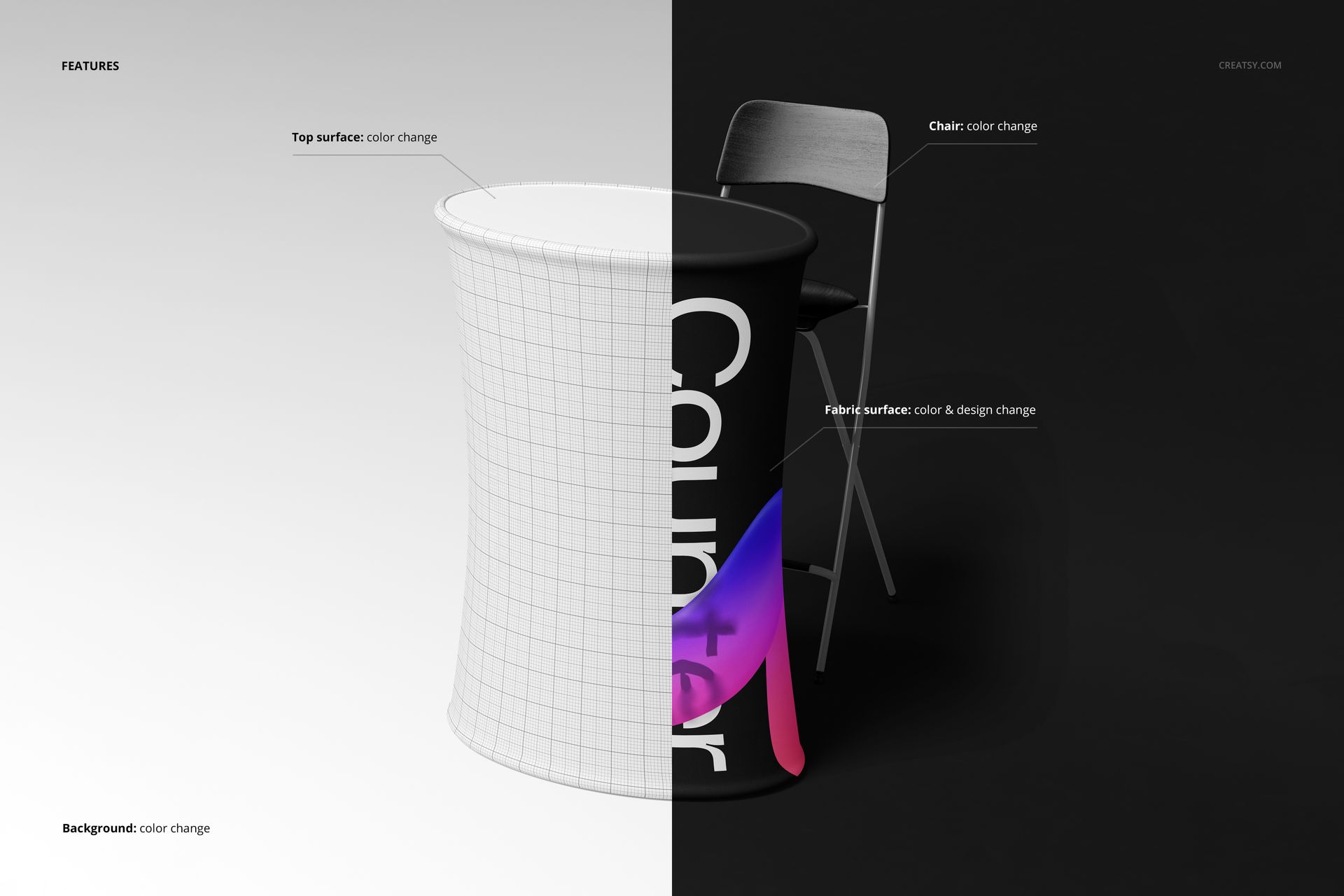 Elliptical trade show counter mockup with split view showing editable surface design and color options, front perspective.