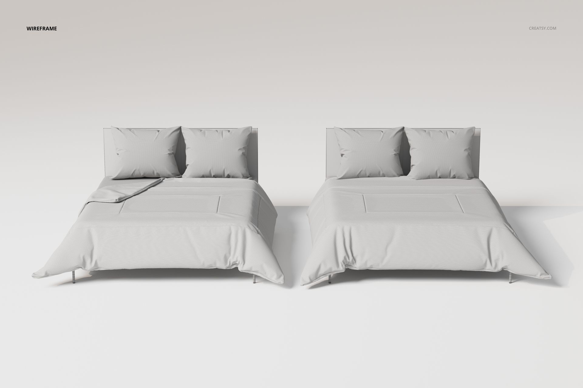 Front view of two modern bedding sets in a neutral gray color, each with pillows and a duvet on a minimal background.