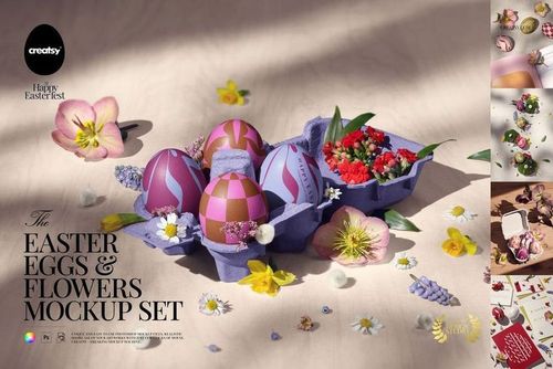 PSD mockup featuring a purple egg carton filled with patterned Easter eggs and assorted flowers on a light surface.