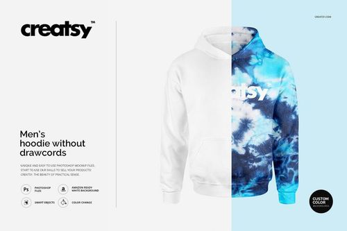Front-facing men's hoodie mockup without drawcords, featuring split design with white and blue tie-dye, on a plain backdrop.