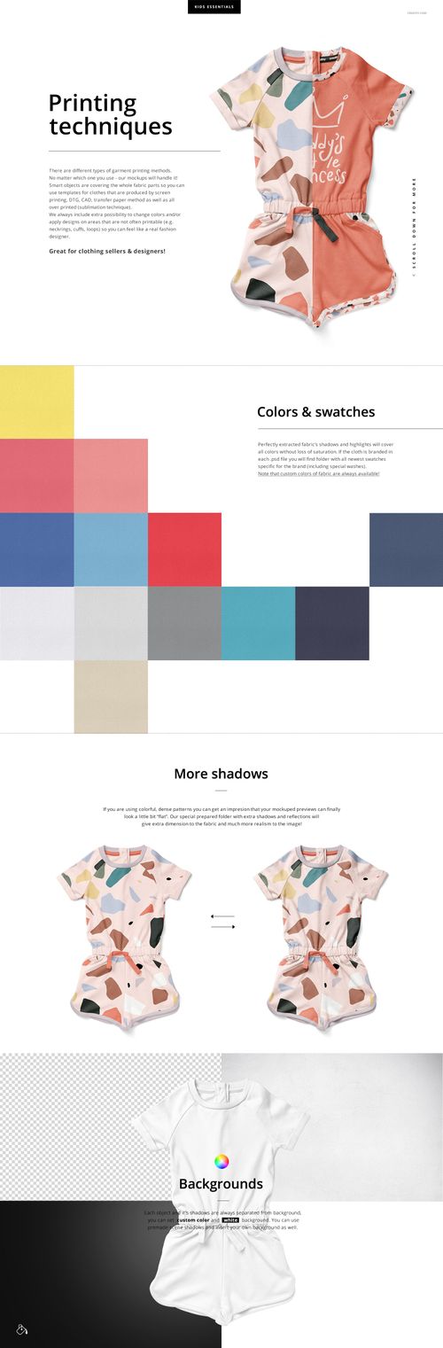 Front view of two girls cotton playsuits in a mockup set, featuring colorful geometric patterns and editable design areas.