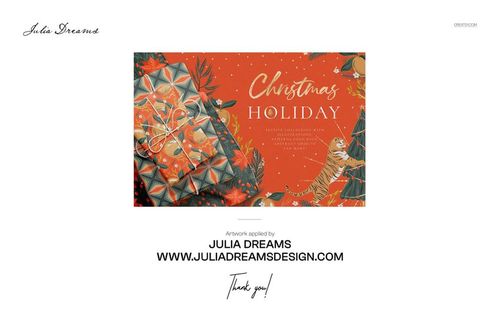 Christmas gift box mockup with a satin ribbon, shown from the front with seasonal patterns and a tiger illustration.