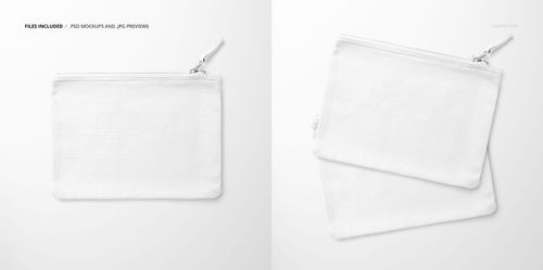 Flat canvas pouch with fabric zipper pull shown in two perspectives, featuring a plain white surface on a light background.