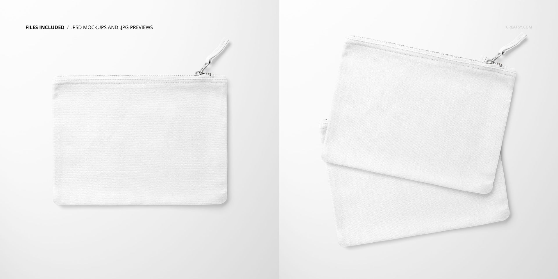 Flat canvas pouch with fabric zipper pull shown in two perspectives, featuring a plain white surface on a light background.
