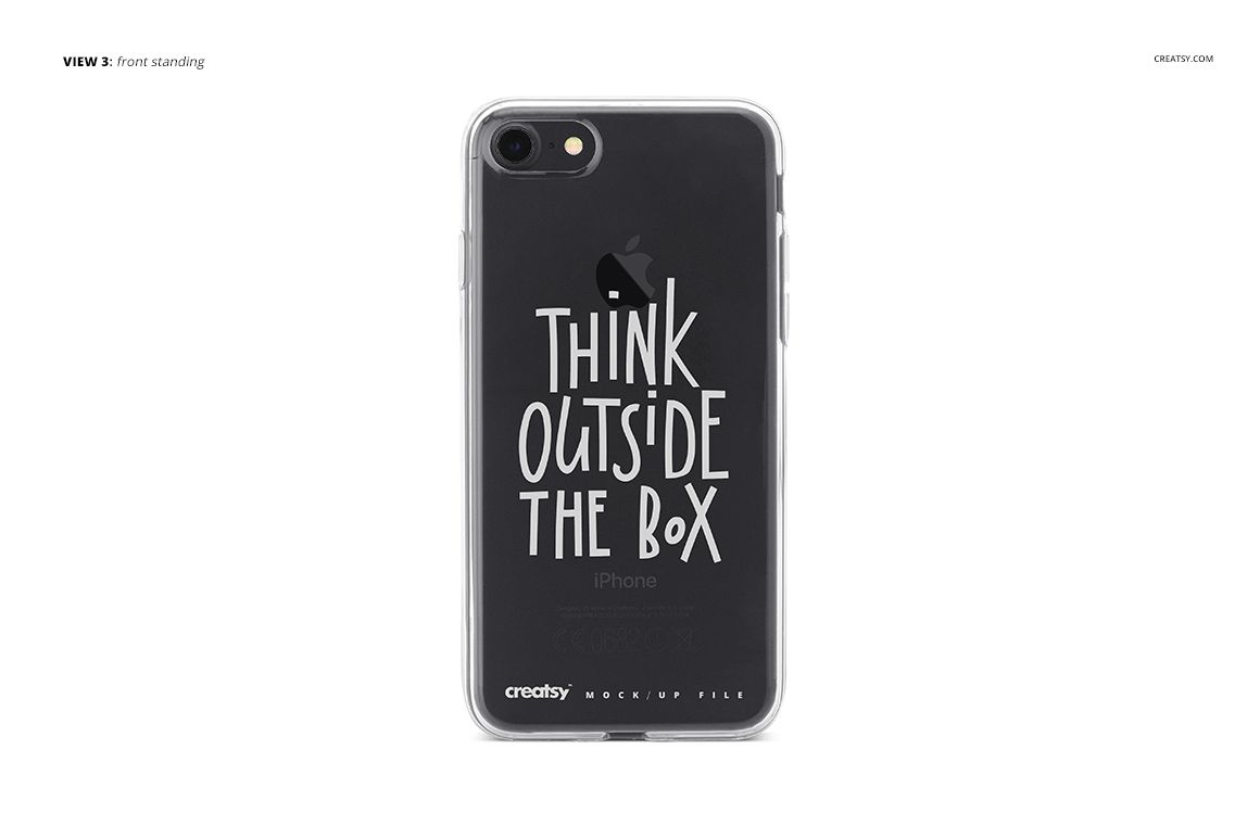 Clear iPhone 7 case mockup with bold white text design, shown from a straight front view on a plain background.