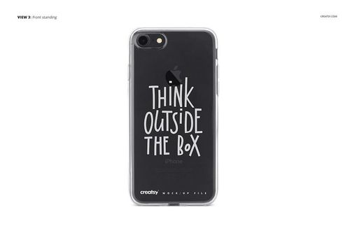 Clear iPhone 7 case mockup with bold white text design, shown from a straight front view on a plain background.