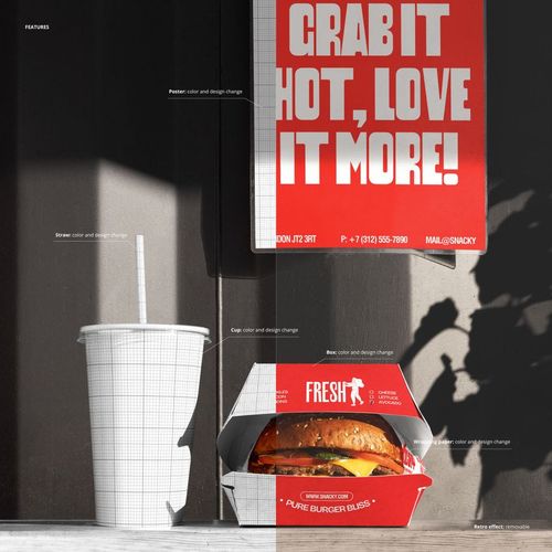 Front view of a burger box, paper cup with straw, and poster mockup, all featuring red and white design accents.