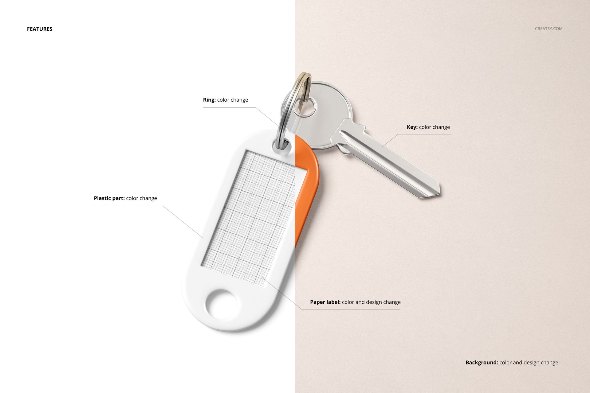 Key tag mockup showing a white and orange plastic key tag with a metal key on a neutral background, top view.