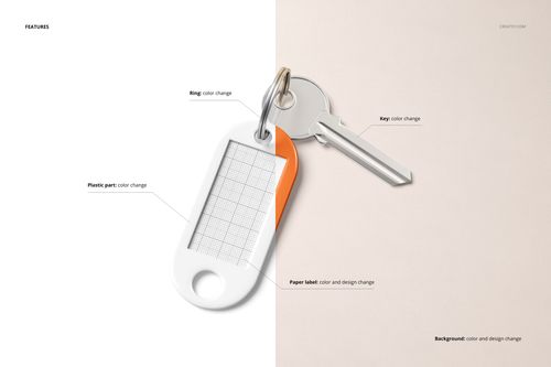 Key tag mockup showing a white and orange plastic key tag with a metal key on a neutral background, top view.