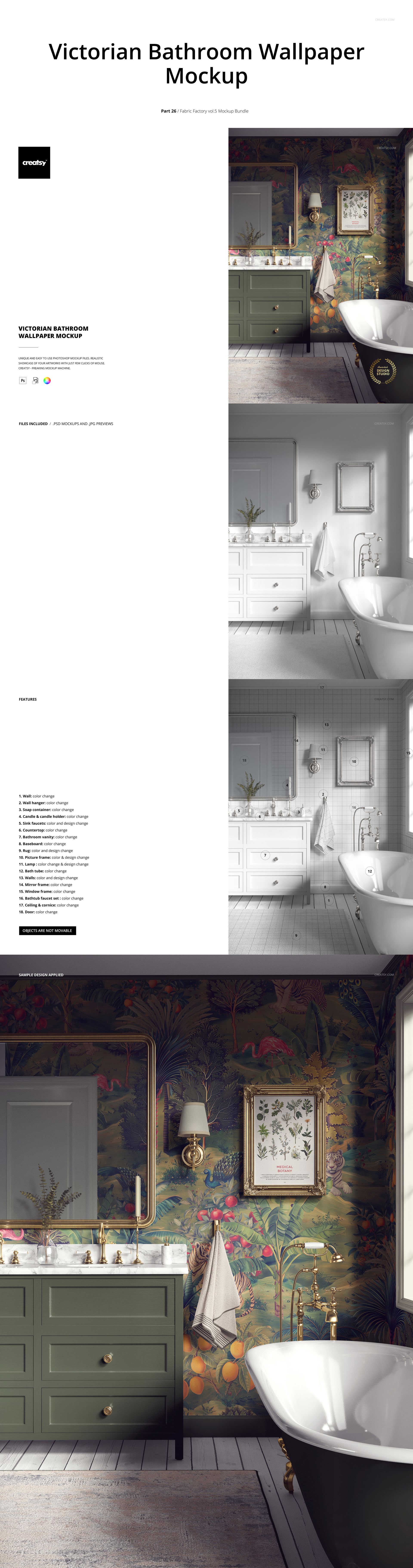 Victorian-style bathroom mockup featuring floral wallpaper, green vanity cabinet, white bathtub, and wall-mounted lamp.