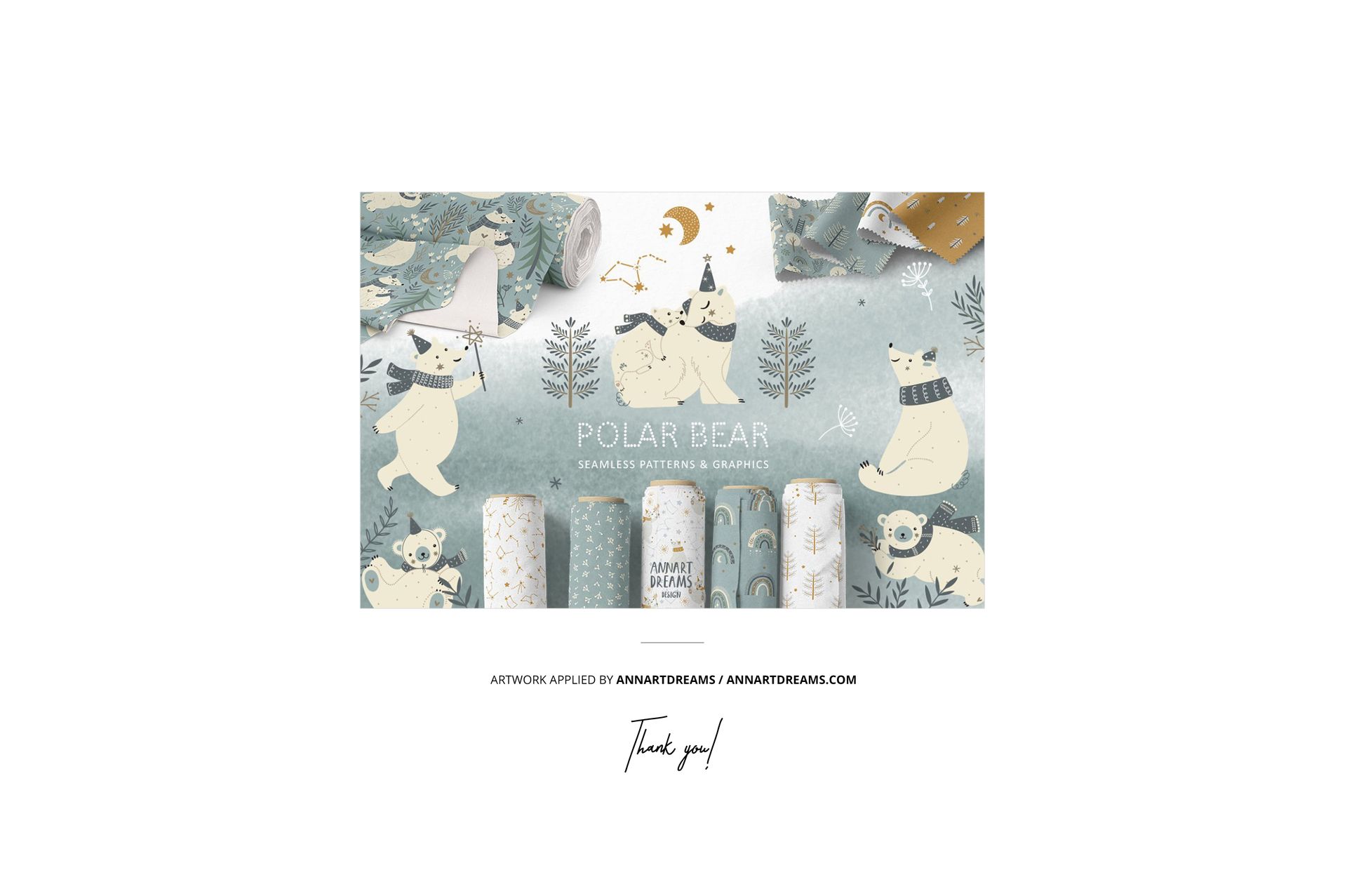 Fleece blanket mockup with rounded corners featuring polar bear and forest patterns in soft pastel colors, front view.