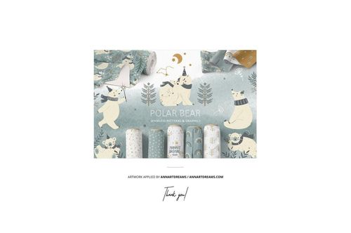 Fleece blanket mockup with rounded corners featuring polar bear and forest patterns in soft pastel colors, front view.
