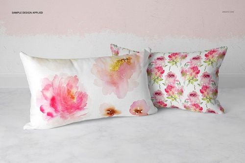 Rectangular pillow mockup set featuring watercolor-style pink flowers, shown from a front angle against a soft background.