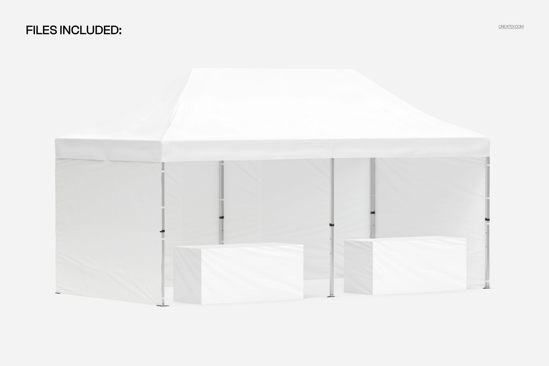 10x20 pop up tent mockup featuring a white canopy and two tables, shown from the front against a neutral backdrop.
